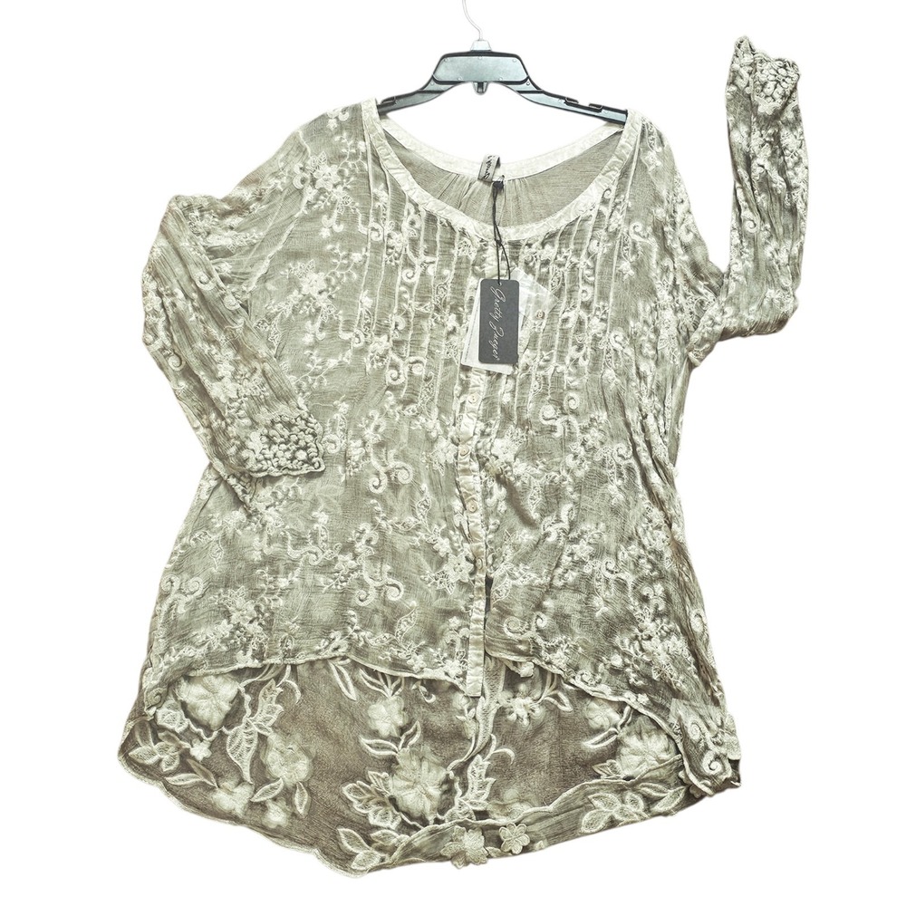 GRETTY ZUEGER Shirt Tunic Womens XL Sheer Embroidered Green Silk High Low Top